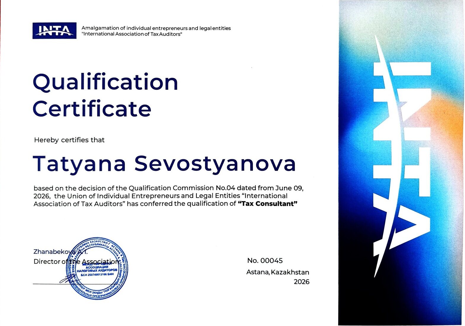 Qualification Certificate INTA, Tax Consultant